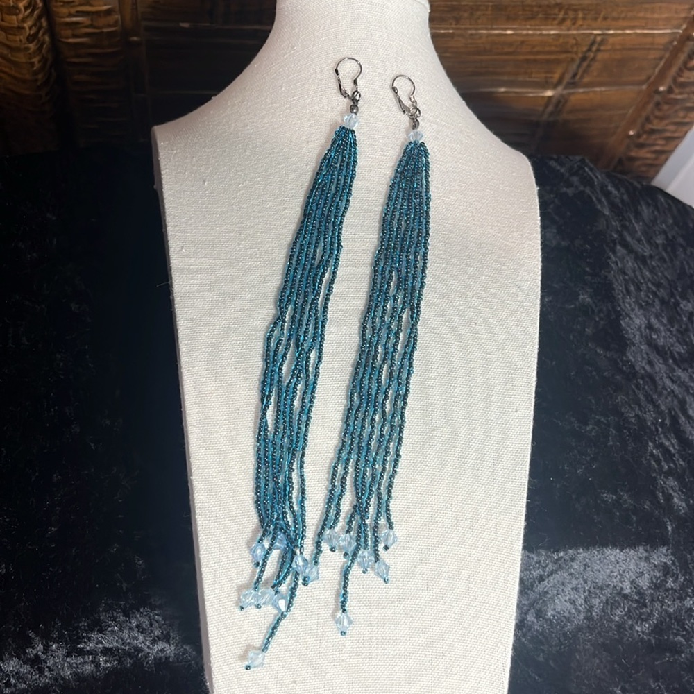 Artisan Boho Extra Long Tassel Fringe Peacock Blue Seed Beaded Dangle Earrings - Picture 3 of 9